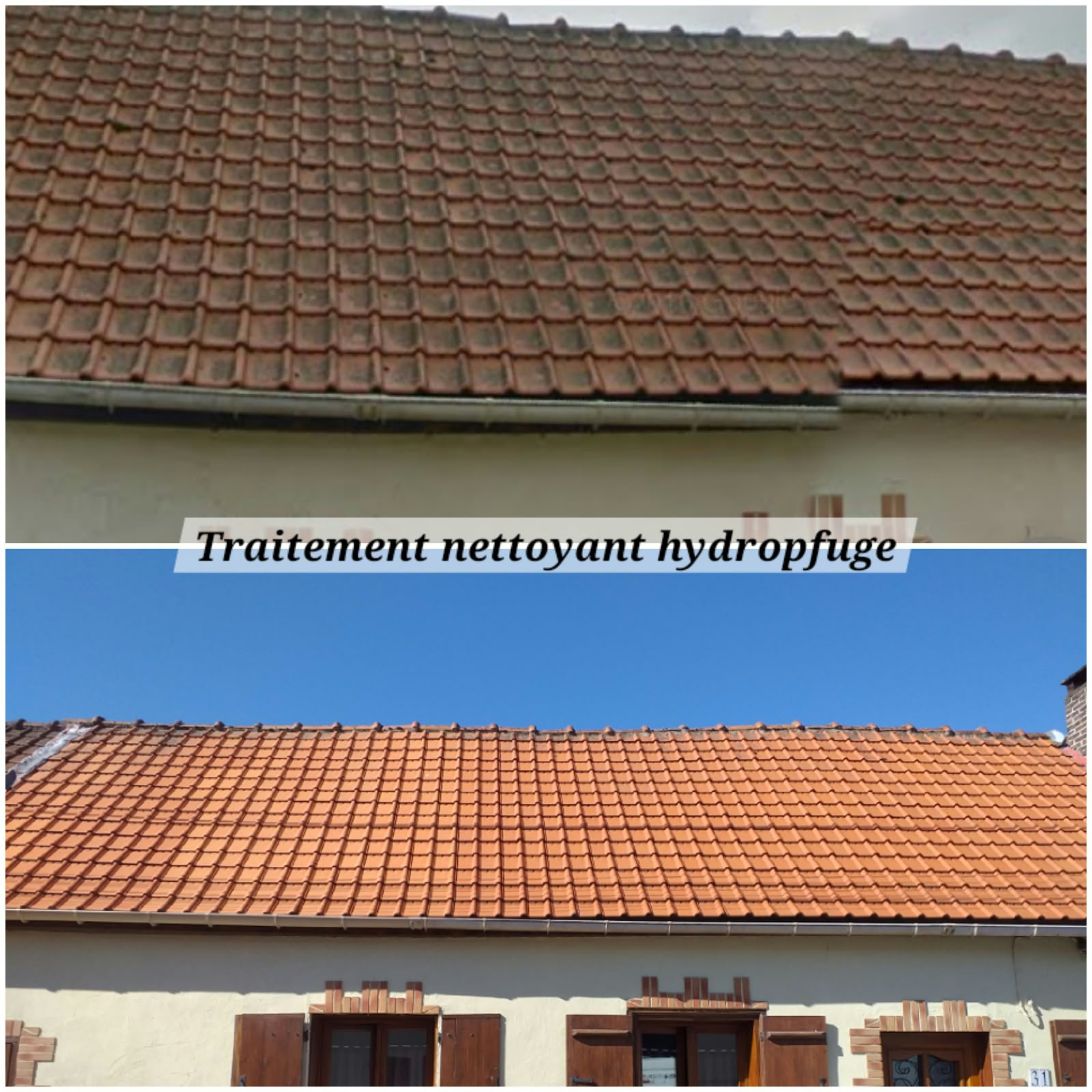Toiture en tuiles avant et après un traitement nettoyant hydrofuge