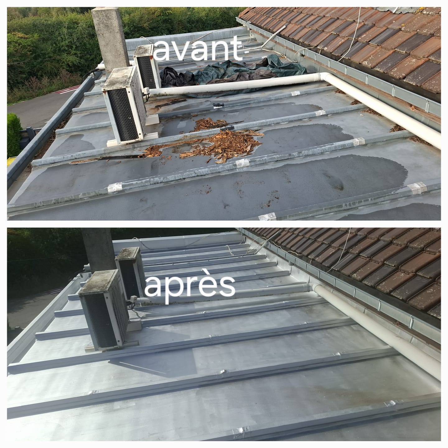 Comparaison avant et après la remise en état d’une toiture plate