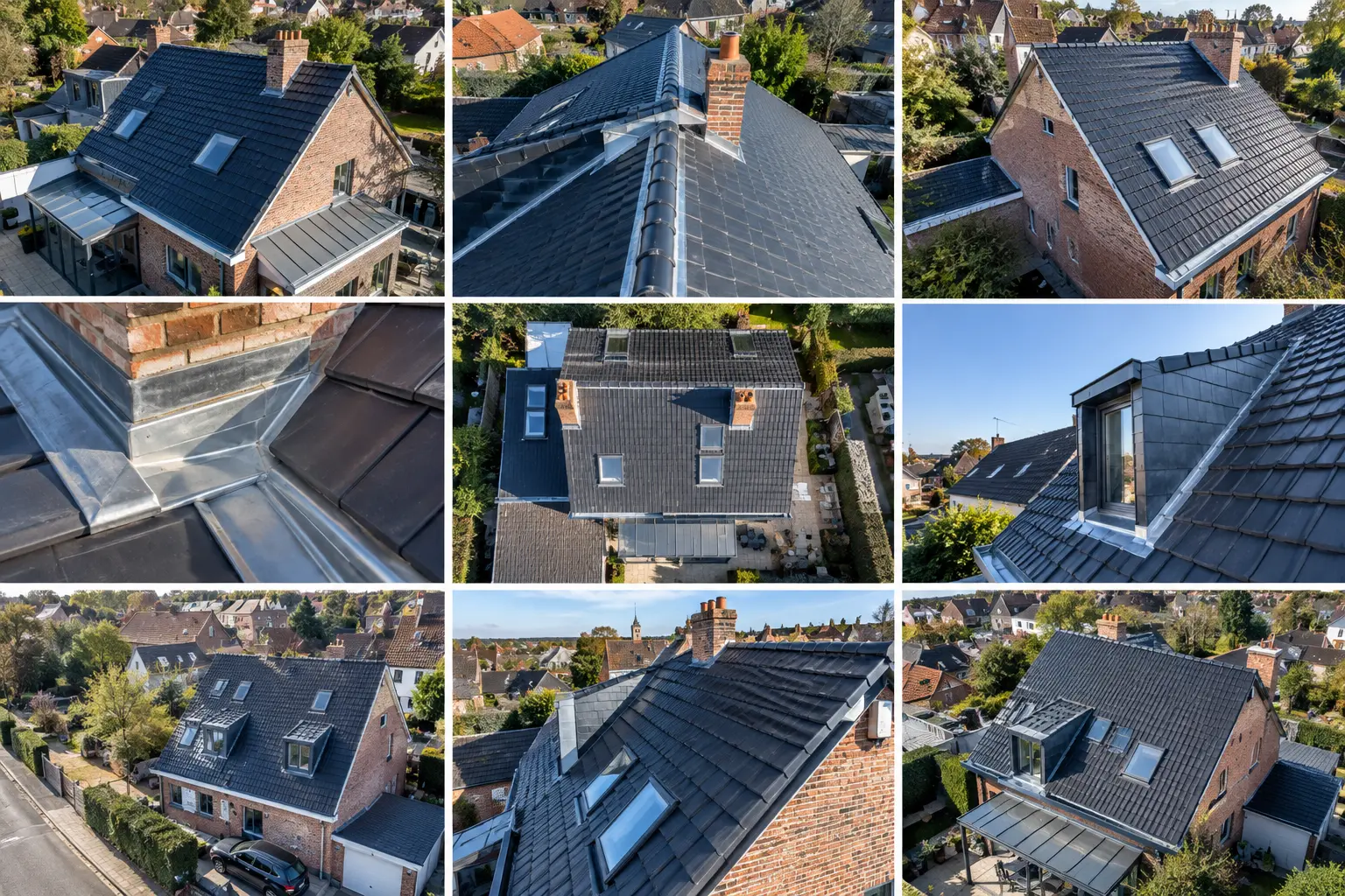 Collage illustratif d’une maison en briques avec toiture en ardoises, fenêtres de toit et finitions métalliques